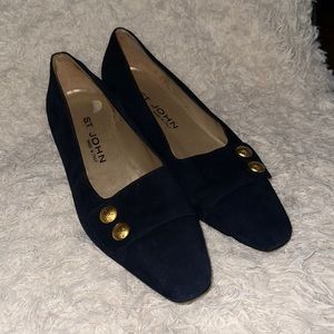 Beautiful, St. John. Dark navy suede with gold detail loafers, size 8.